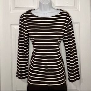 Tory Burch Women’s Chocolate + White Striped Cotton Boatneck Blouse w Buttons L